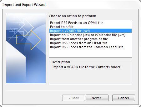 import vcard file to Office Outlook
