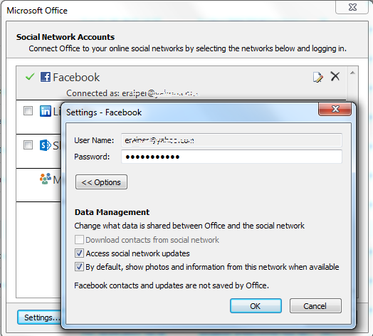 Facebook social network account settings for Outlook access