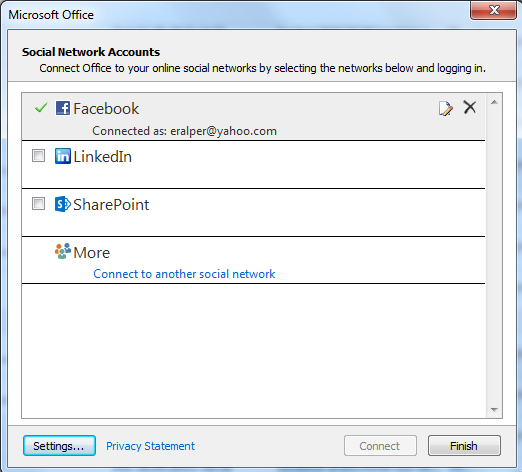 social networks available for Outlook using Outlook Social Connector