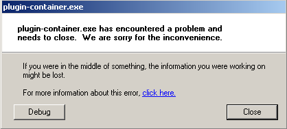 Mozilla Firefox error: plug-in container.exe process crash