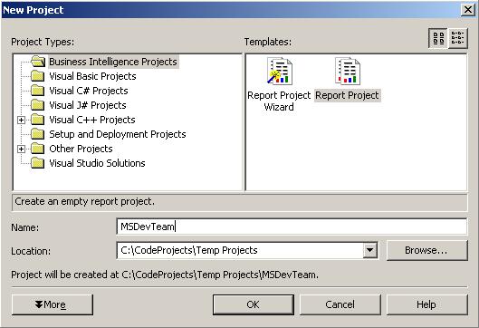 SQL Server Reporting Services new project