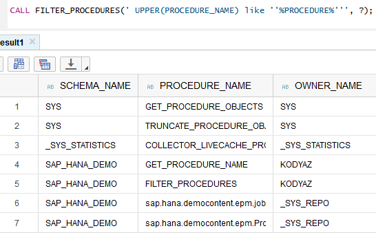 Apply_Filter on SAP HANA database table using stored procedure