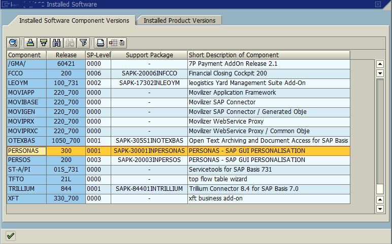 SAP installed software component versions for SAP Screen Personas