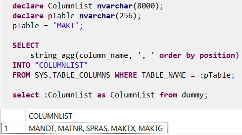 HANA database table column names listed as comma seperated with SQLScript