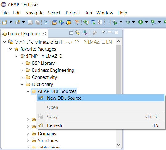 SAP HANA Studio Project Explorer for ABAP DDL Sources