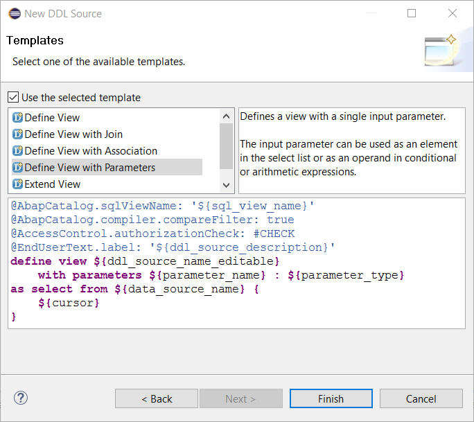 SAP HANA Studio create CDS View with Parameters template