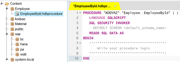SAP HANA database procedure template