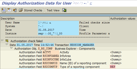 SAP transaction SU53 to display authorization data for user