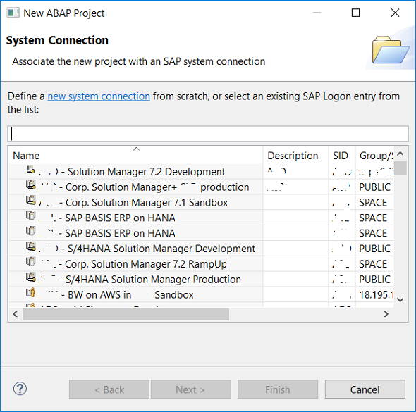 SAP system connections