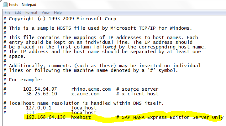 SAP HANA Express virtual machine IP address in hosts file