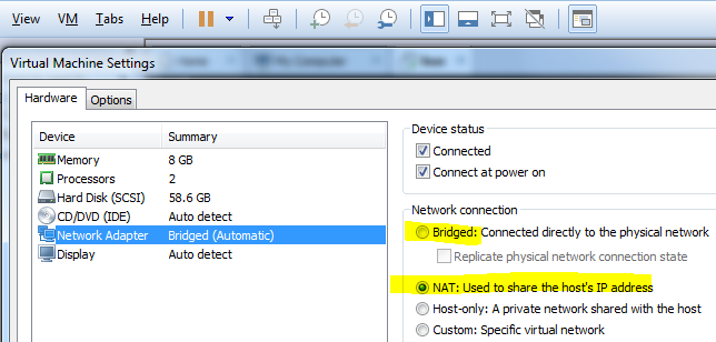 Virtual machine network adapter settings for IP4 address of SAP HANA database