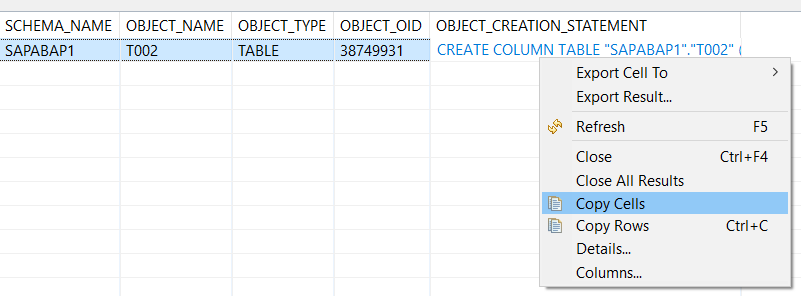 copy CREATE TABLE SQL statement for SAP HANA database table