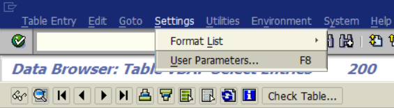 SAP User Parameters menu