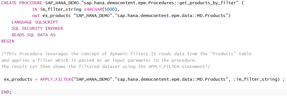 Apply_Filter SQLScript command with sample SAP HANA database stored procedure
