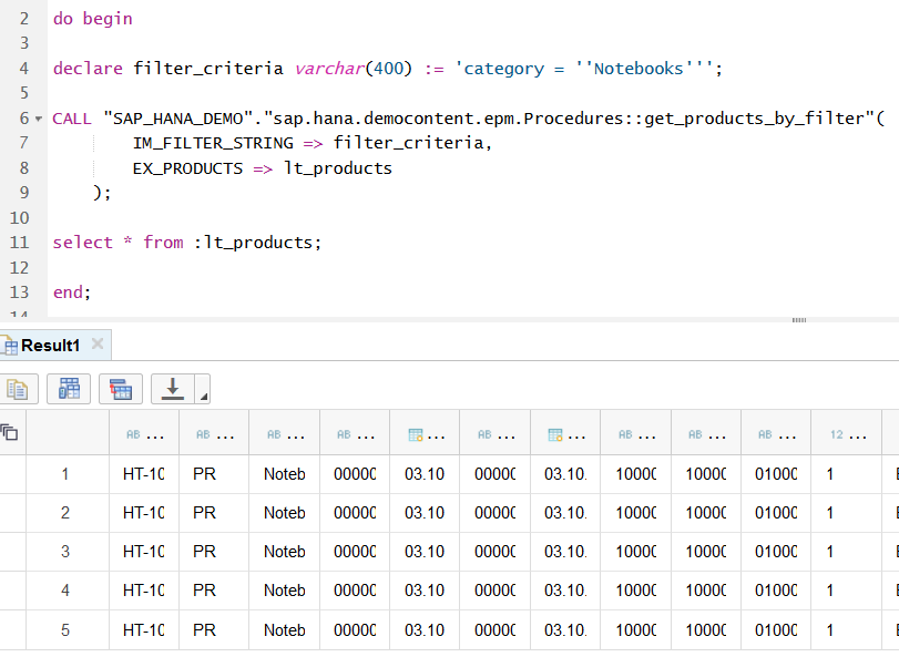 call stored procedure in SAP HANA database using dynamic query