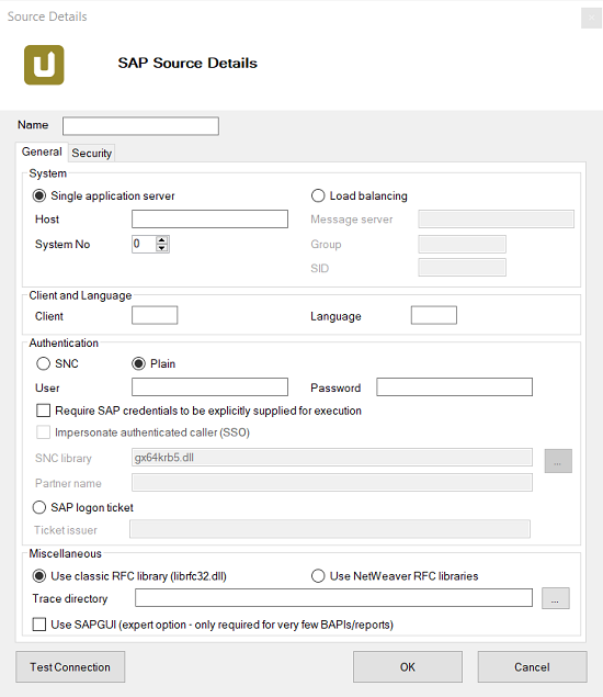 SAP connection details for Theobald Xtract Universal