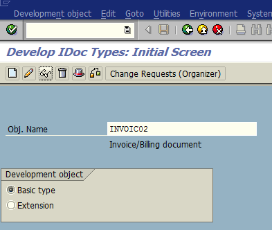SAP WE30 IDoc object types screen for IDoc message type
