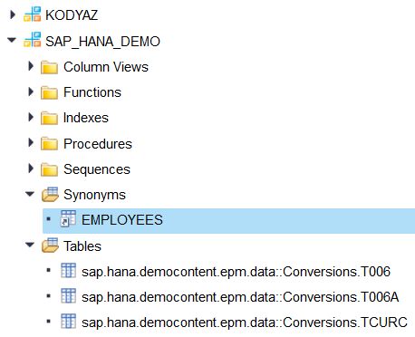 SAP HANA database synonyms for sql objects