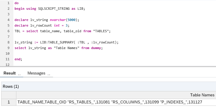 SQLScript String function Table_Summary on SAP HANA database