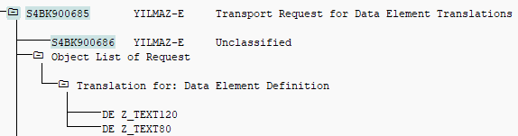 translations for data element in transport request