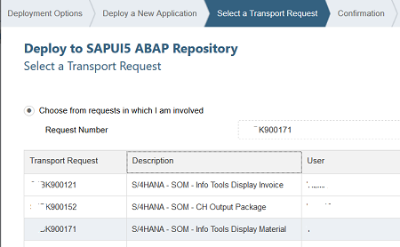 select transport request for SAPUI5 ABAP repository