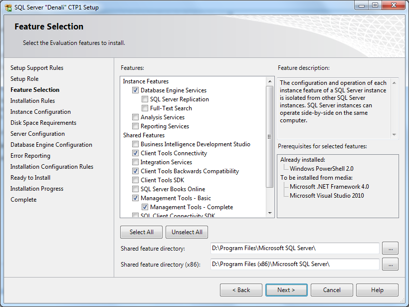 SQL Server 2012 features selection for Denali CTP1 setup