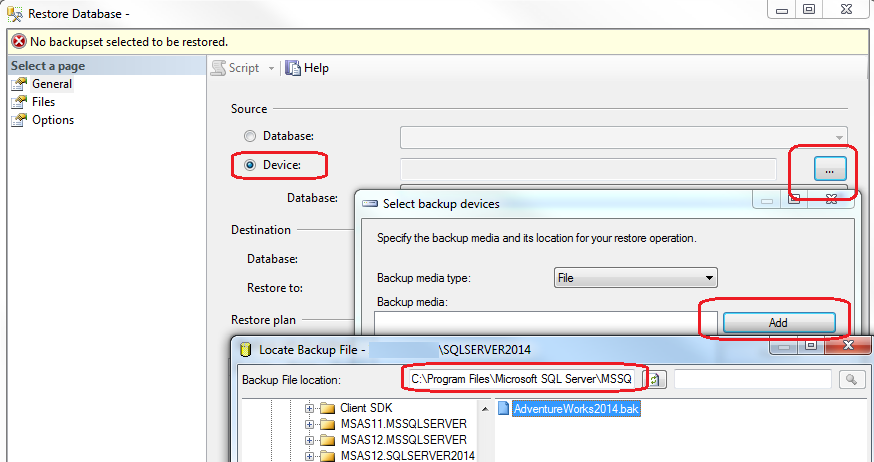 create SQL Server 2014 sample database AdventureWorks2014 from backup file