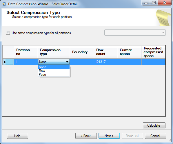 select compression type for table partition in SQL Server 2014