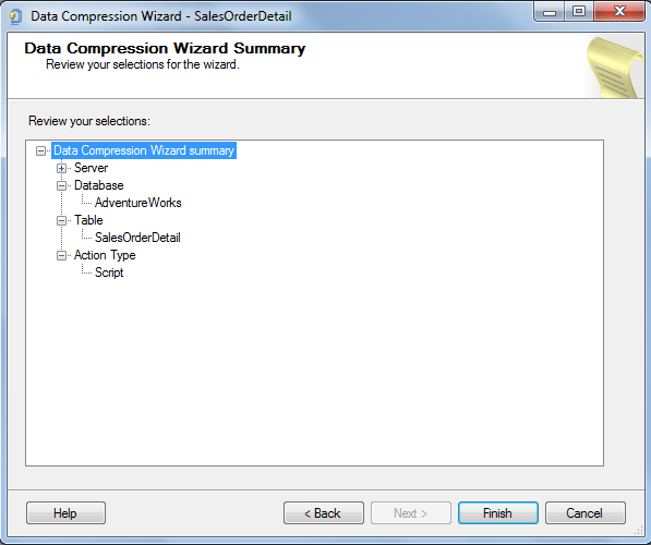 SQL Server 2014 Data Compression Wizard Summary