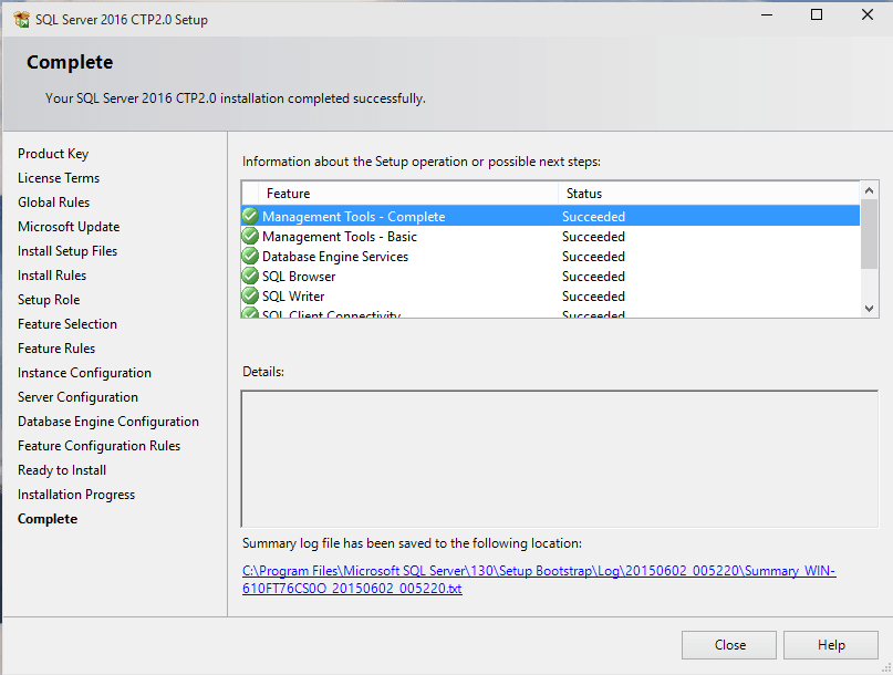 SQL Server 2016 installation completed