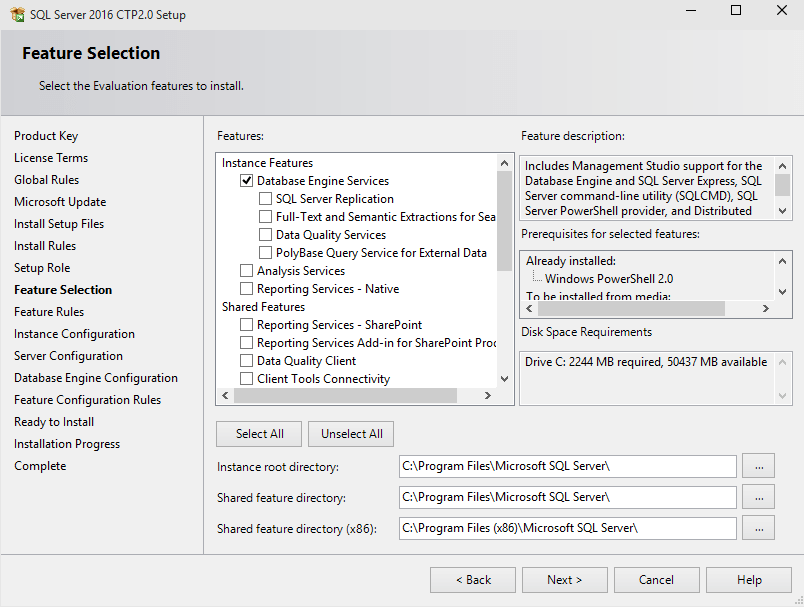 SQL Server 2016 feature selection for installation