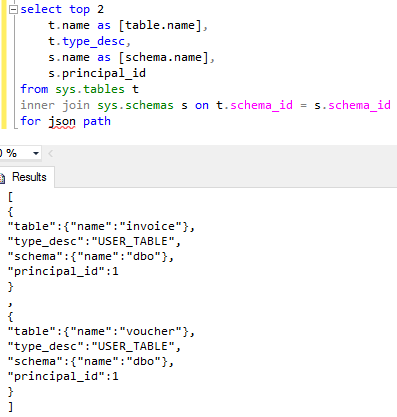 output data formatting with For Json Path on SQL Server 2016