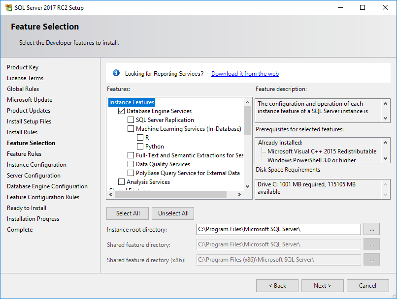 install SQL Server 2017 Database Engine Services