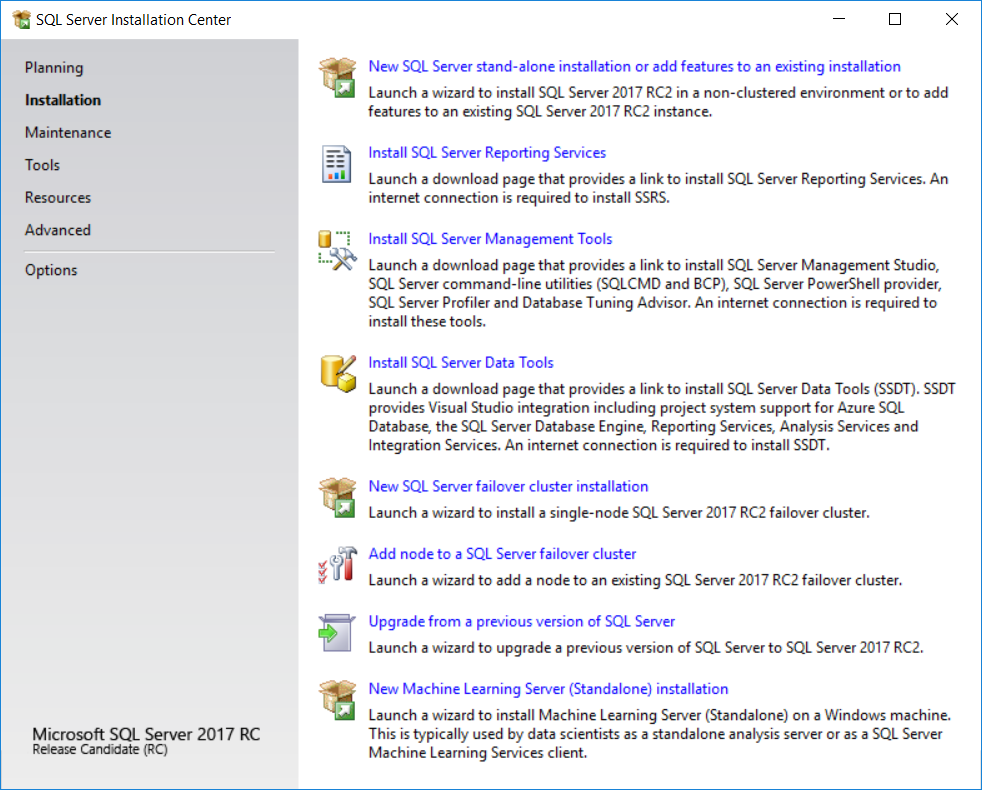 SQL Server 2017 Installation Options