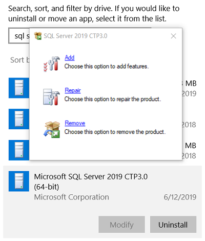 remove SQL Server 2019 CTP versions