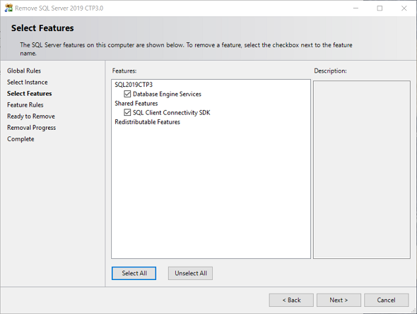 select SQL Server 2019 features to uninstall