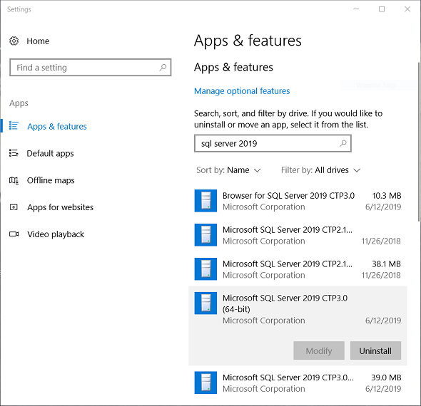 apps and features application on Windows to uninstall SQL Server 2019
