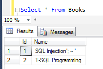 SQL injection sample on SQL Server database table