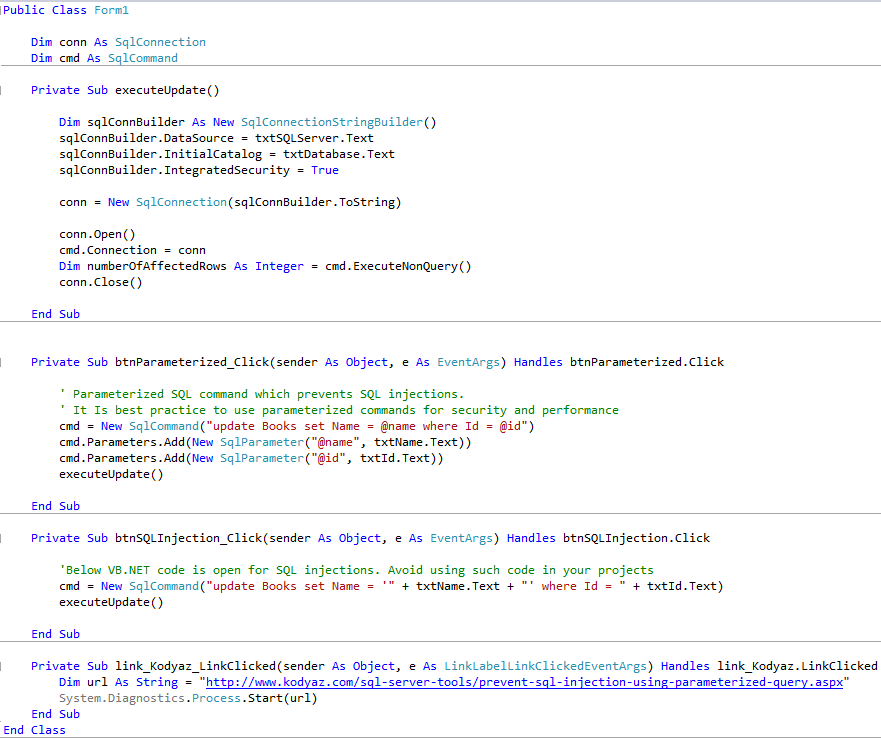 vb.net code to test SQL injection