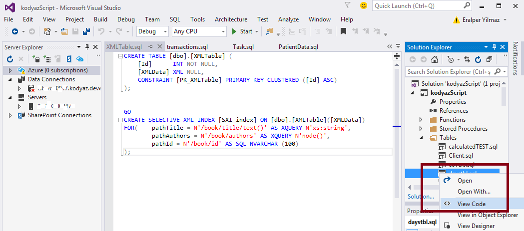 SQL Server database object script code in Visual Studio