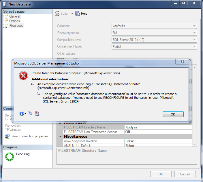 create contained database error on SQL Server 2012