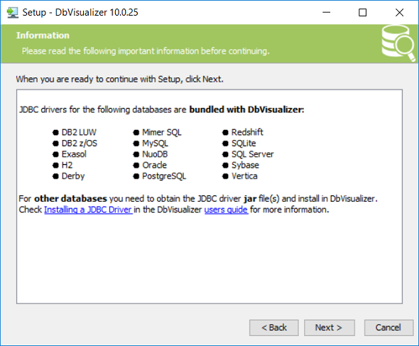 database JDBC drivers included in DbVisualizer database management tool