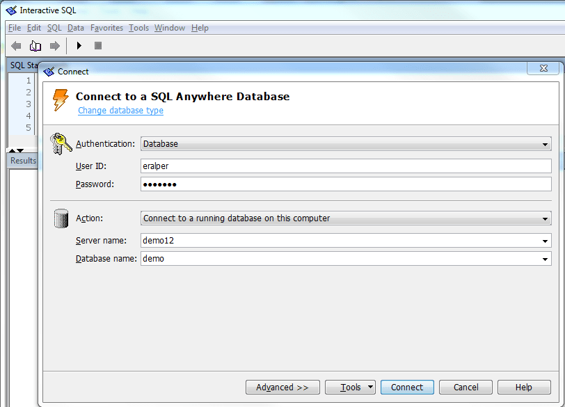 connect to SQL Anywhere database using Interactive SQL