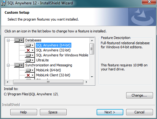 custom setup option for SQL Anywhere database installation