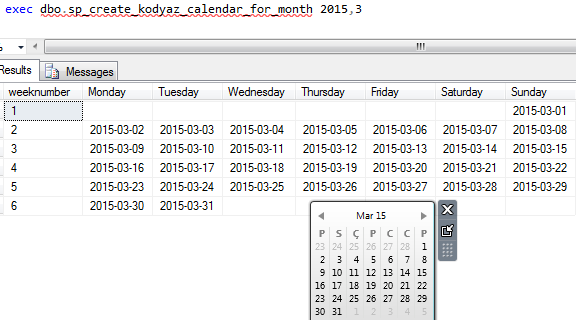 calendar created for specific month in SQL