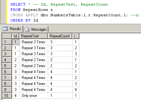 repeat rows n times using numbers table and Cross Apply