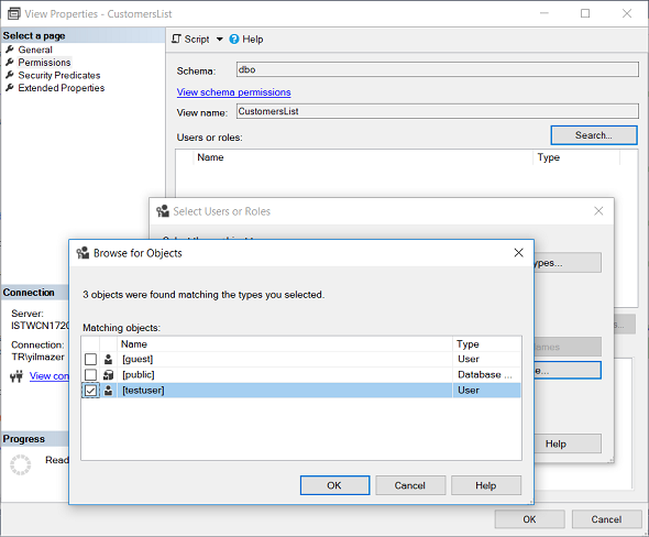select database user to configure permissions on SQL view