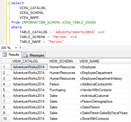 query SQL Server metadata for view tables