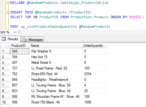 table-valued parameter to pass multiple values to SQL stored procedure