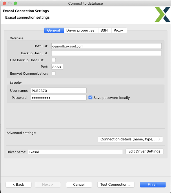 Exasol connection settings